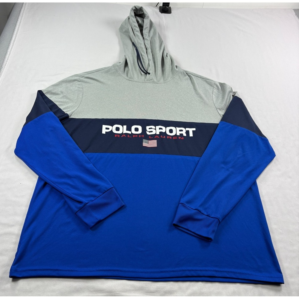 Polo Sport Ralph Lauren Hoodie Men XL Blue Gray Performance Pullover Lightweight